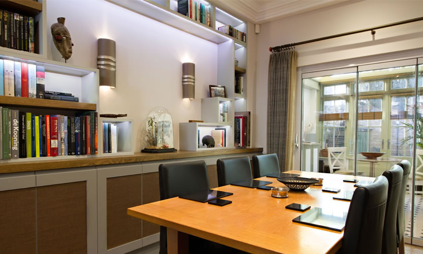 Contemporary shelving and dining area